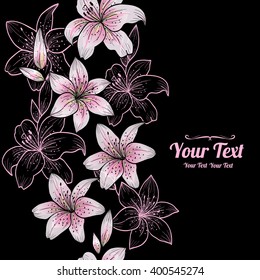 Vector beautiful pink lily  flowers vertical frame pattern background . Invitation or greeting card design.Vector illustration