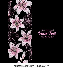 Vector beautiful pink lily flowers vertical frame  pattern background . Invitation or greeting card design.Vector illustration