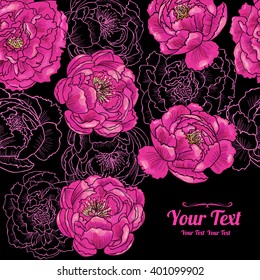 Vector beautiful  pink  peonies  flowers frame corner pattern . Invitation or greeting card design.Vector illustration