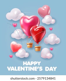 Vector beautiful poster of Hot Air balloons with heart and clouds on blue background. Happy Valentines day sale brochure template, 3d shiny hearts shape balloon. Modern poster,sale, promo banner.