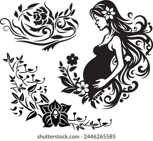 Vector beautiful pregnant woman ornamental and floral design. Creative illustration of an exquisite long haired lady with flowers and ornaments. Beauty, motherhood, health and decoration concept.