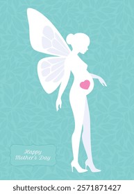 Vector beautiful pregnant woman silhouettes with wings and text Happy Mother's day. Background with leaves texture.