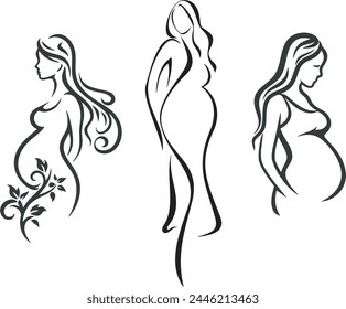 Vector beautiful pregnant women exquisite series. Young future mothers line art drawings. Vinyl ready female beauty sketches with motherhood, maternity, health, birth and happiness concept.