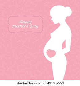 Vector beautiful pregnat woman silhouettes with text Happy Mother's day. Pink background with leaves texture.
