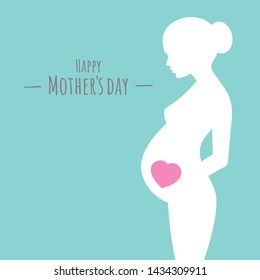 Vector beautiful pregnat woman silhouettes with text Happy Mother's day. Blue background.