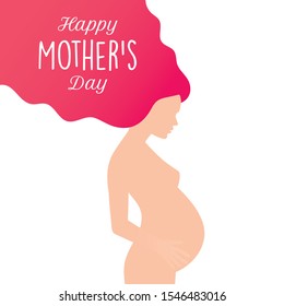 Vector beautiful pregnat woman silhouettes with text Happy Mother's day. Isolated on white background.