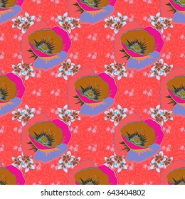 Vector beautiful print in a T-shirt tropical theme. Vector illustration. T-shirt graphics for girls and women. Seamless pattern in green, pink and orange colors.