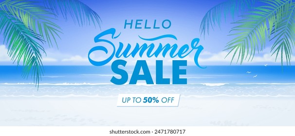 Vector beautiful realistic illustration of colorful sandy summer beach. Summer sale horizontal promotional travel wallpaper, flyer or web banner design template