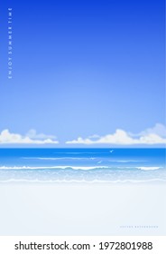 Vector beautiful realistic illustration of sandy summer beach. Summer holidays poster or banner design template