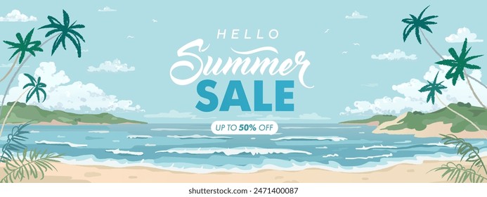 Vector beautiful realistic illustration of sandy summer beach tropical resort. Summer sale horizontal promotional travel card, wallpaper, flyer or web banner design template