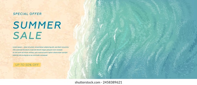 Vector beautiful realistic illustration of top view sandy summer beach. Summer sale horizontal promotional travel wallpaper, flyer or web banner template