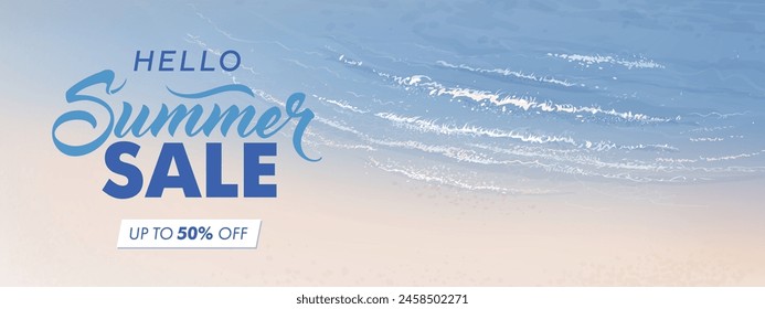 Vector beautiful realistic illustration of top view sandy summer beach. Summer sale horizontal promotional travel wallpaper, flyer or web banner template