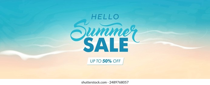 Vector beautiful realistic illustration of top view sandy summer beach. Summer sale horizontal promotional web banner, flyer, poster, greeting card