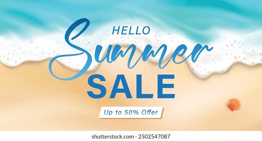 Vector beautiful realistic illustration of top view sandy summer beach. Summer sale horizontal promotional web banner, flyer, poster, greeting card