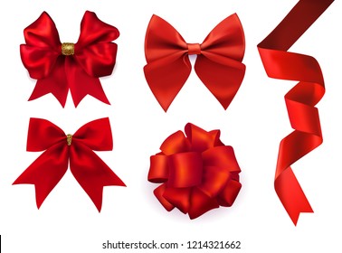 Vector beautiful realistic red ribbon and set of different shape silk red bows gift decorative element