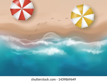 Vector beautiful realistic top view illustration of sandy summer beach with umbrellas and footprints - template for your poster of banner