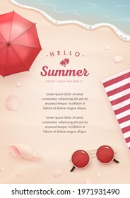 Vector beautiful realistic top view illustration of sandy summer beach with beach umbrella, sunglasses and seashells