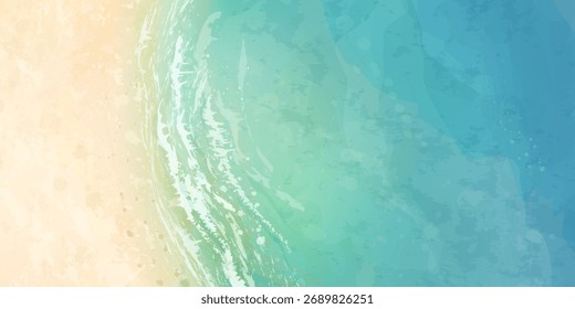 Vetor bela ilustração de vista superior realista de praia de verão arenoso. Modelo de design de banner horizontal Seascape. Fundo tropical. Tela de fundo do resort