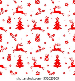 Vector beautiful red Christmas pattern with Christmas trees and reindeer.