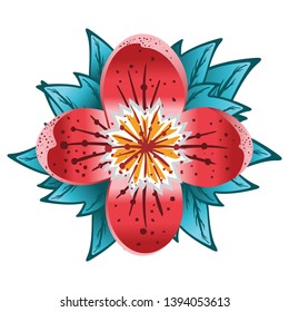 Vector of beautiful red orchid petals with green leaves
