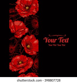 Vector beautiful red poppies flowers vertical frame seamless pattern background . Invitation or greeting card design.Vector illustration