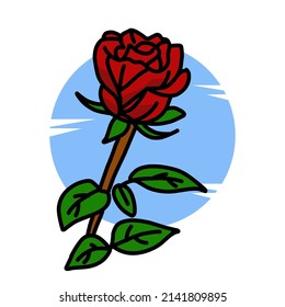 vector beautiful red rose flower on blue circle background