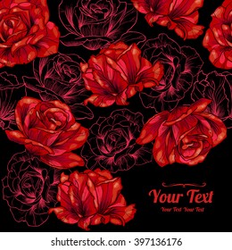 Vector beautiful  red roses flowers frame corner pattern . Invitation or greeting card design.Vector illustration