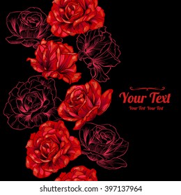 Vector  beautiful red roses flowers vertical frame seamless pattern background . Invitation or greeting card design.Vector illustration