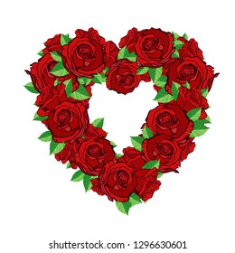 Vector beautiful red roses in shape of heart floral decorative element