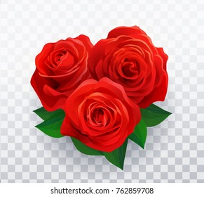 Vector beautiful red roses in shape of heart floral decorative element with transparent shadow