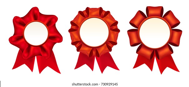 Vector beautiful red silk rosette with ribbons winner medal template set