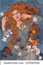 vector  beautiful red-haired girl in an old-fashioned dress, waves of the river, water, and flowers