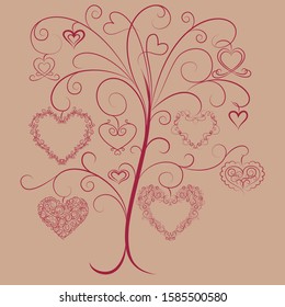 Vector beautiful romantic illustration greeting card - decorative fantastic tree consisting of dark red various patterns, curls, hearts for goods for Valentine's Day, holidays, weddings, princesses