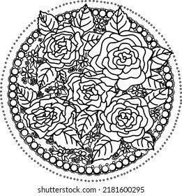 Vector de hermosas flores de rosa y un círculo de cuentas coloreando libros o páginas. Las cuentas son hojas negras y blancas. Colorizar páginas de notas, afiches de notas