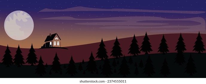 Vector beautiful scene with desert, mountain and moonlit night