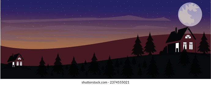 Vector beautiful scene with desert, mountain and moonlit night
