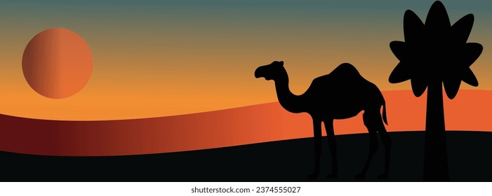 Escena vectorial hermosa con desierto, montaña y noche iluminada por la luna