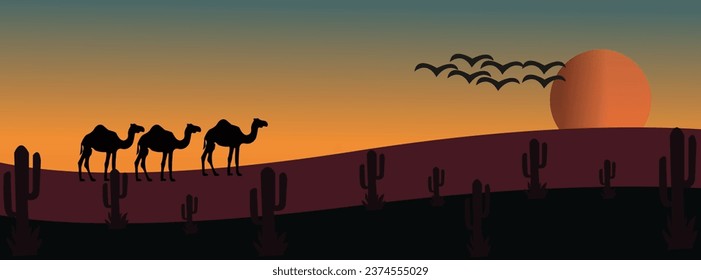 Escena vectorial hermosa con desierto, montaña y noche iluminada por la luna