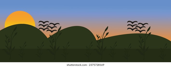 Vector beautiful scene with mountain and moonlit night, evening background