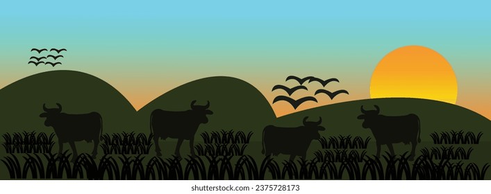 Vector beautiful scene with mountain and moonlit night, evening background
