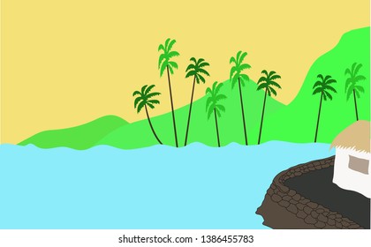 vector of beautiful scenery that addresses mountains, sea, trees with a simple design.