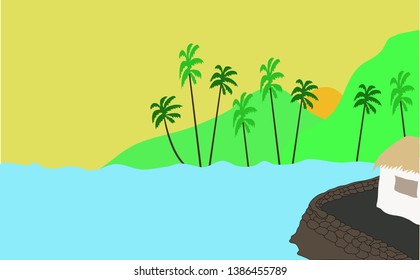vector of beautiful scenery that addresses mountains, sea, trees with a simple design.