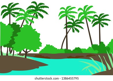 vector of beautiful scenery that addresses mountains, sea, trees with a simple design.