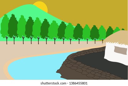 vector of beautiful scenery that addresses mountains, sea, trees with a simple design.