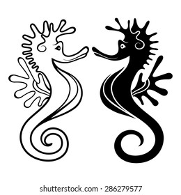 Vector Beautiful Seahorses. Black Silhouette And Contour