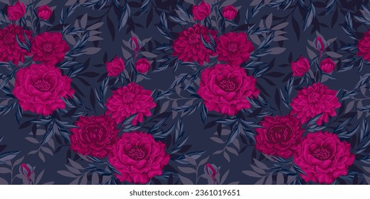 Vector hermoso patrón de marineros con flores y hojas de rama. Ornato, artístico, femenino, rico patrón floral con peonías, dahlia sobre fondo negro. Dibujado a mano. Plantilla para el diseño