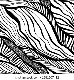 Vector beautiful seamless black and white pattern with realistic zebra stripes. Zentangle for cosmetic design, fashion, clothing, bed linen, cover, textile, fabric, wall, wallpaper, wrapping paper.