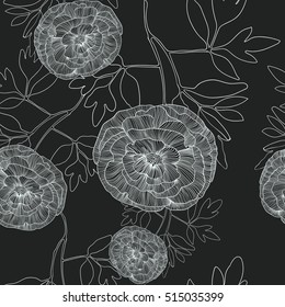 Vector beautiful seamless with hand drawn flowers on black