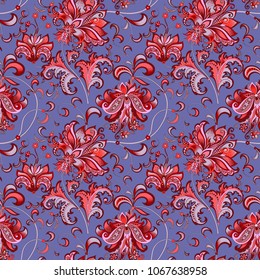 vector beautiful seamless oriental pattern with  decorative gray and red flowers on a blue background for design, colored vintage ornament  with abstract  flowers 