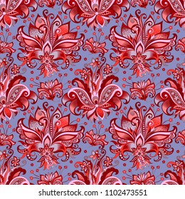 vector beautiful seamless oriental pattern with  decorative gray and red flowers on a blue background for design, colored vintage ornament  with abstract  flowers 